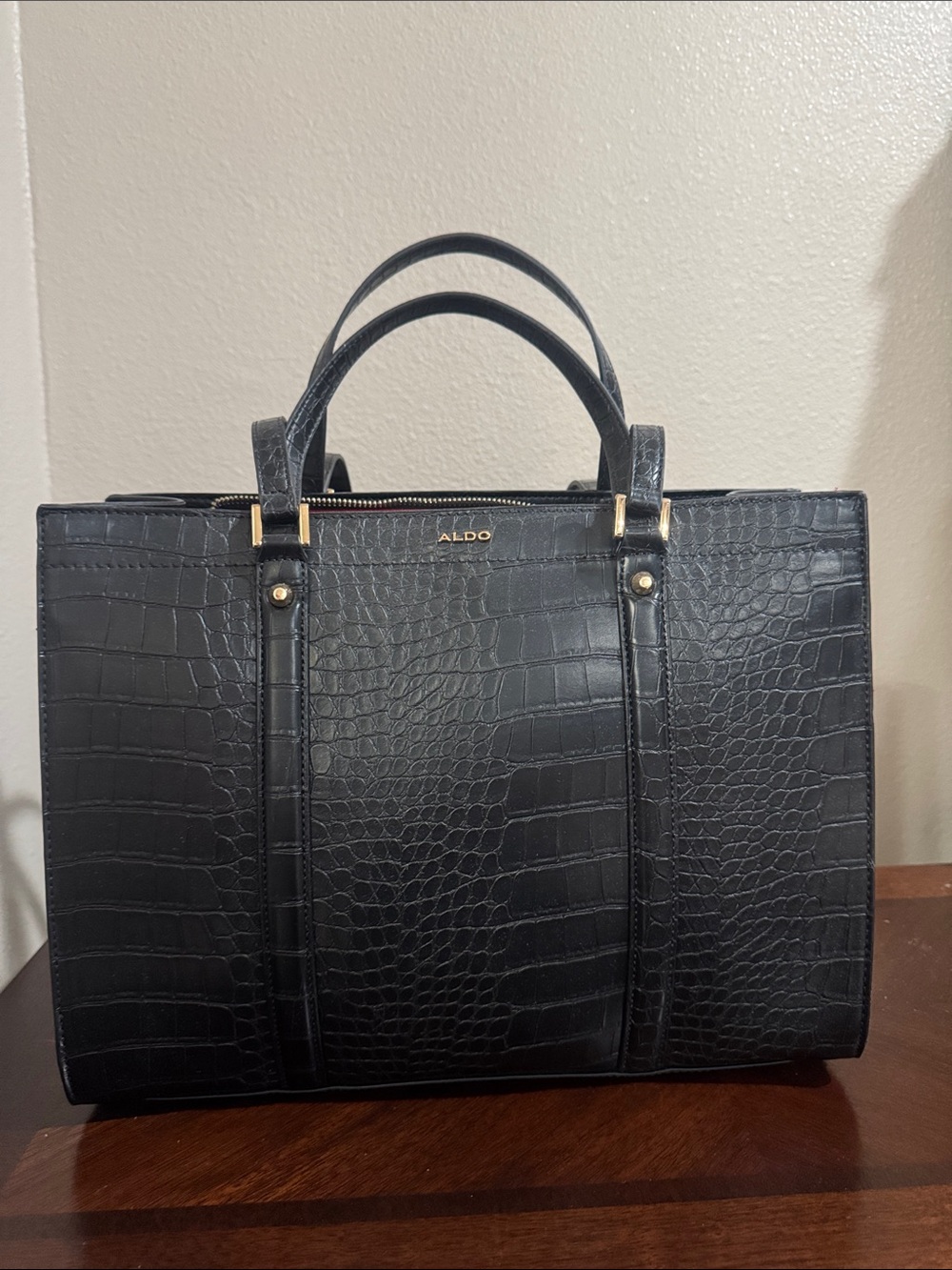 Aldo Black Croc-Embossed Structured Tote with Gold Accents